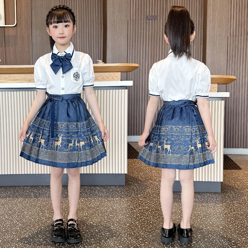 2025新款学院合唱演出服套装儿童裙子短袖汉服女童马面裙两件套