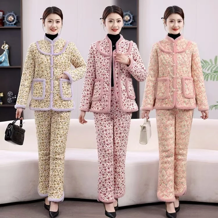 新款套装冬季加绒保暖修身显瘦棉袄棉裤加厚宽松碎花中式民族套装