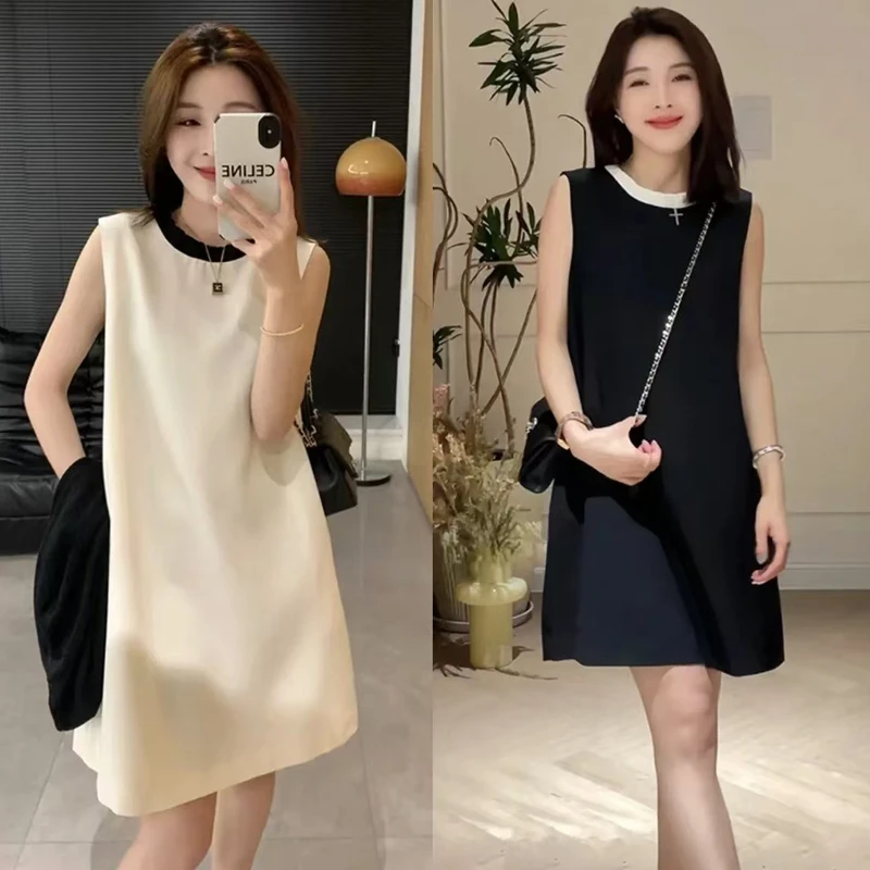 夏季新款拼色圆领无袖小香风高级感显瘦连衣裙a字女装连衣裙 5170