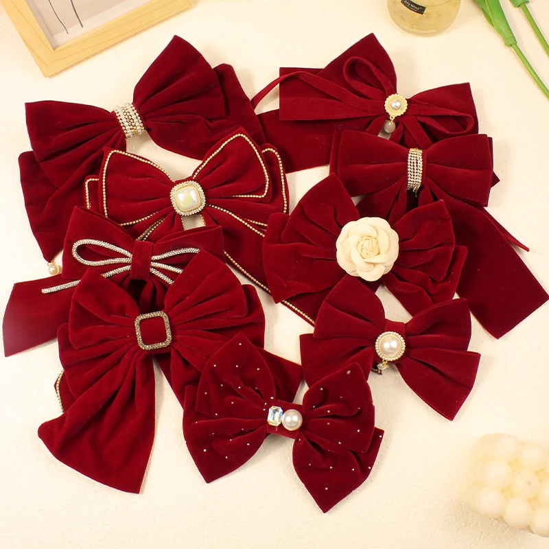 红色丝绒大号蝴蝶结发夹ins发饰女生高级感水钻流苏新娘公主饰