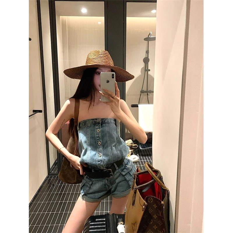 女生韩系ins衣服牛仔连衣裤2025夏季美式辣妹抹胸背心短裤阔腿裤