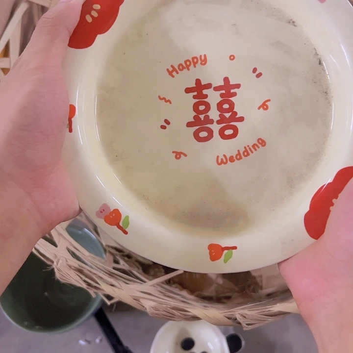 搪瓷微瑕两个喜字盘子