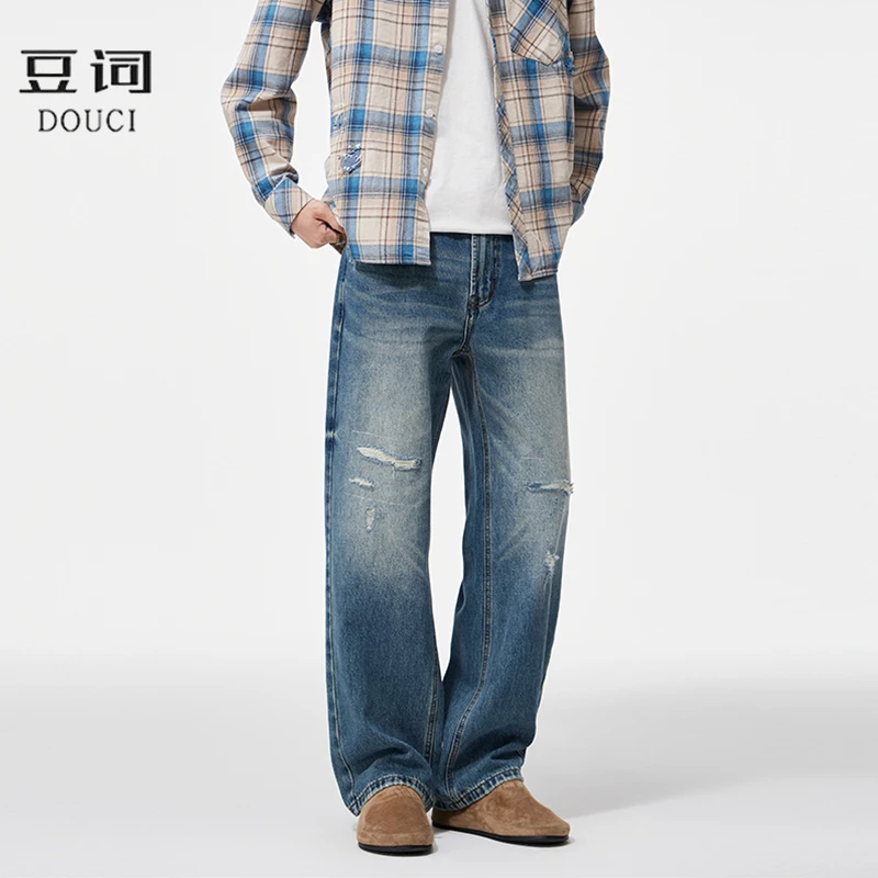 【豆词】秋季男士宽松牛仔裤2025新款冬季直筒补丁蓝色男士长裤子潮
