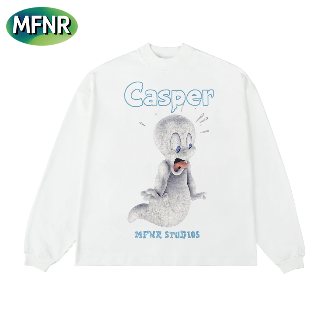 美式复古设计感小众印花打底T恤男女情侣圆领宽松重磅纯棉长袖潮