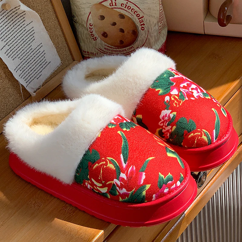 东北大红棉拖男士冬季居家棉袄风居家厚底防滑保暖外穿情侣棉拖女