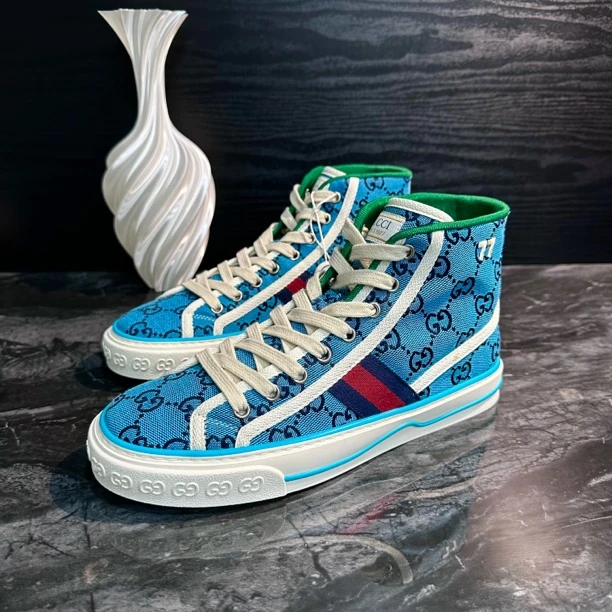 全新未使用 GUCCI/古驰 0764/38码/蓝牛仔满印1977高帮板鞋/全新