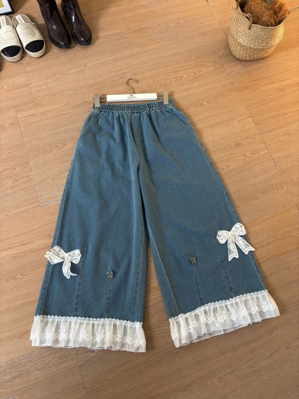 蝴蝶结牛仔裤 蕾丝花边文艺甜美减龄松紧腰长裤