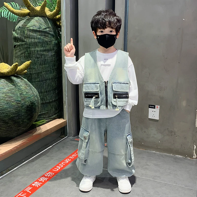 童装男童秋款牛仔套装2025新款中小童宝宝时髦韩版马甲三件套衣服