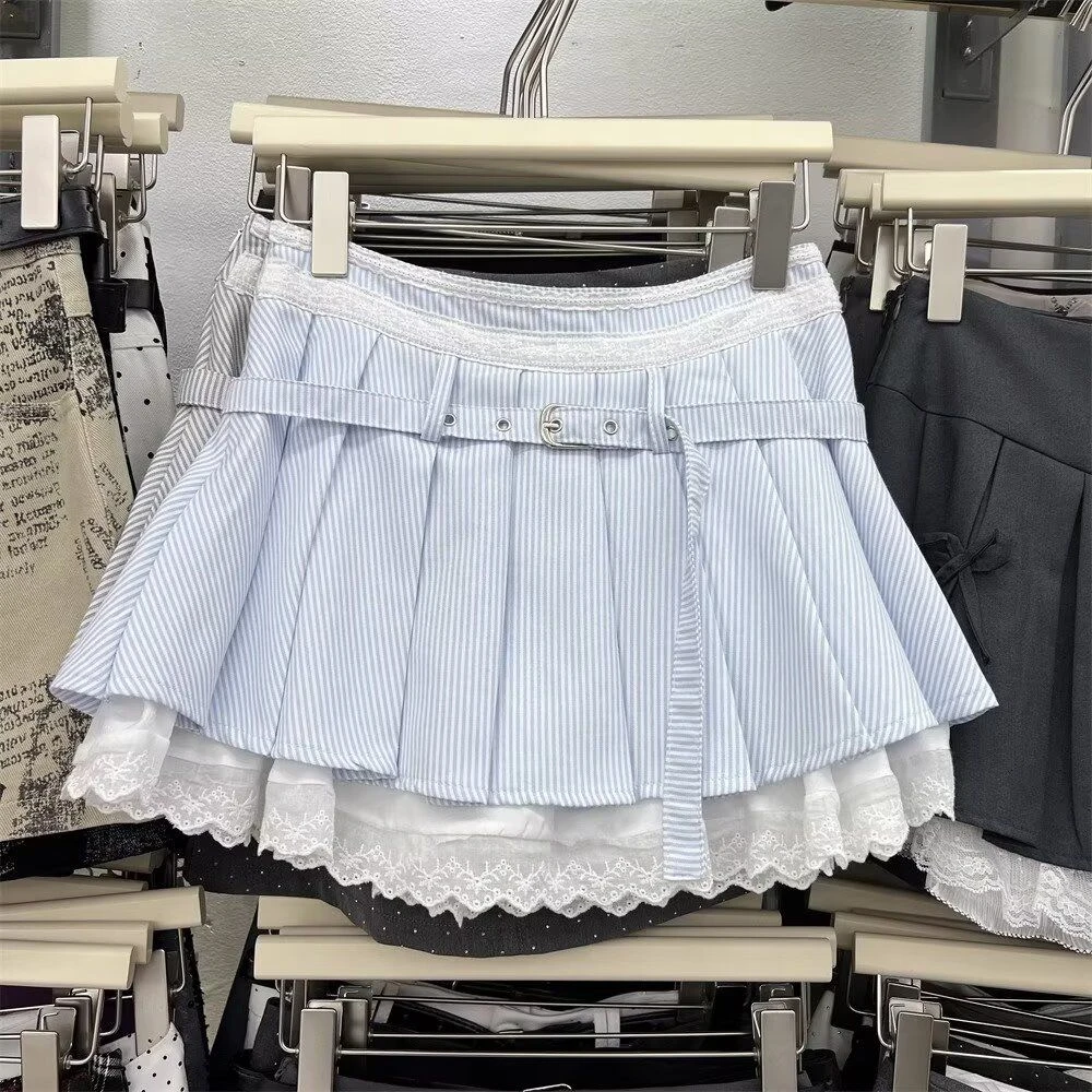 简约美式高腰长袖薄款条纹衬衫女A型伞裙防走光短裙两件套装女