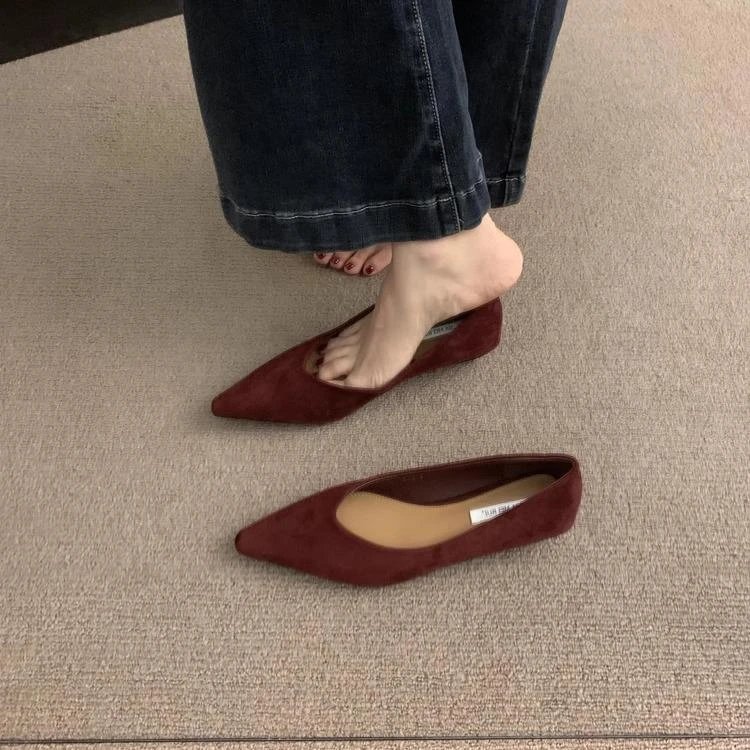 尖头单鞋女鞋年春秋新款内增高不累脚绒面浅口通勤百搭瓢鞋