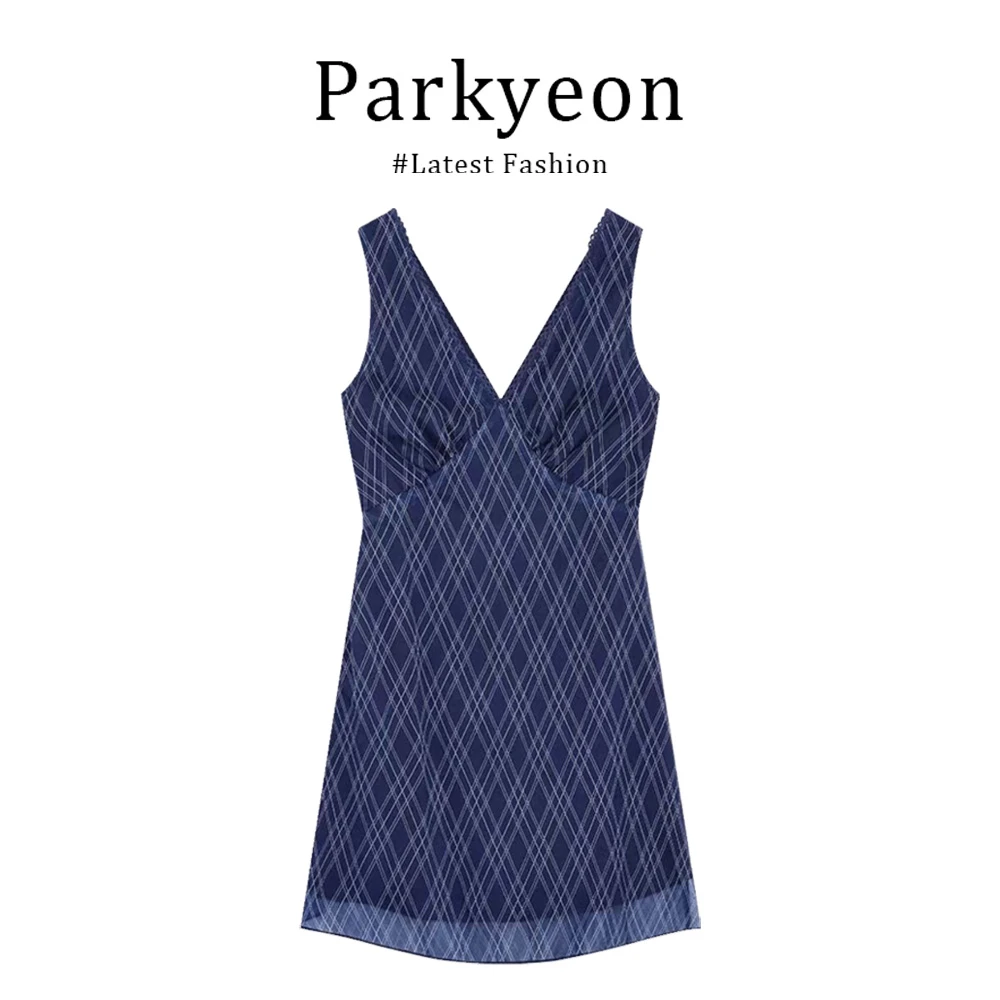 parkyeon蓝色纯欲风v领格纹小个子轻奢显瘦气质收腰无袖连衣裙子.