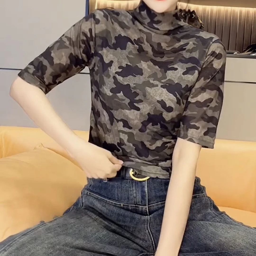 常规款印花防晒T恤洋气气质半高领迷彩豹纹夏季短款