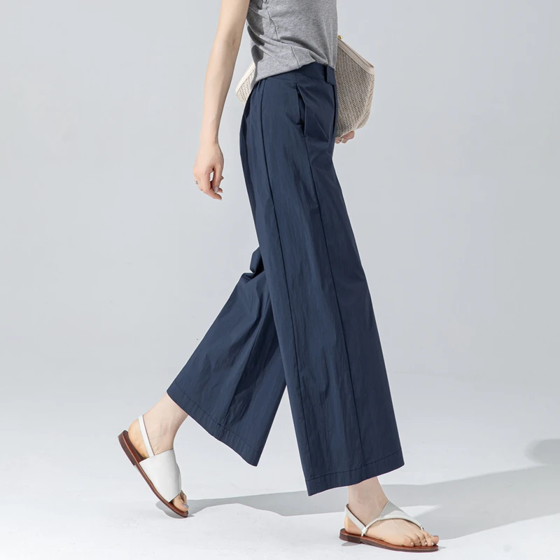 冰丝阔腿裤女2025新款高级感藏青色裤子女夏薄款直筒裤宽松九分裤
