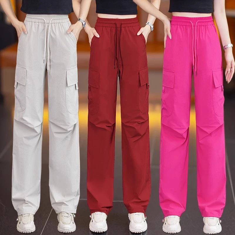 冰丝运动工装裤女夏季薄款2025新款高腰宽松多口袋速干休闲直筒裤