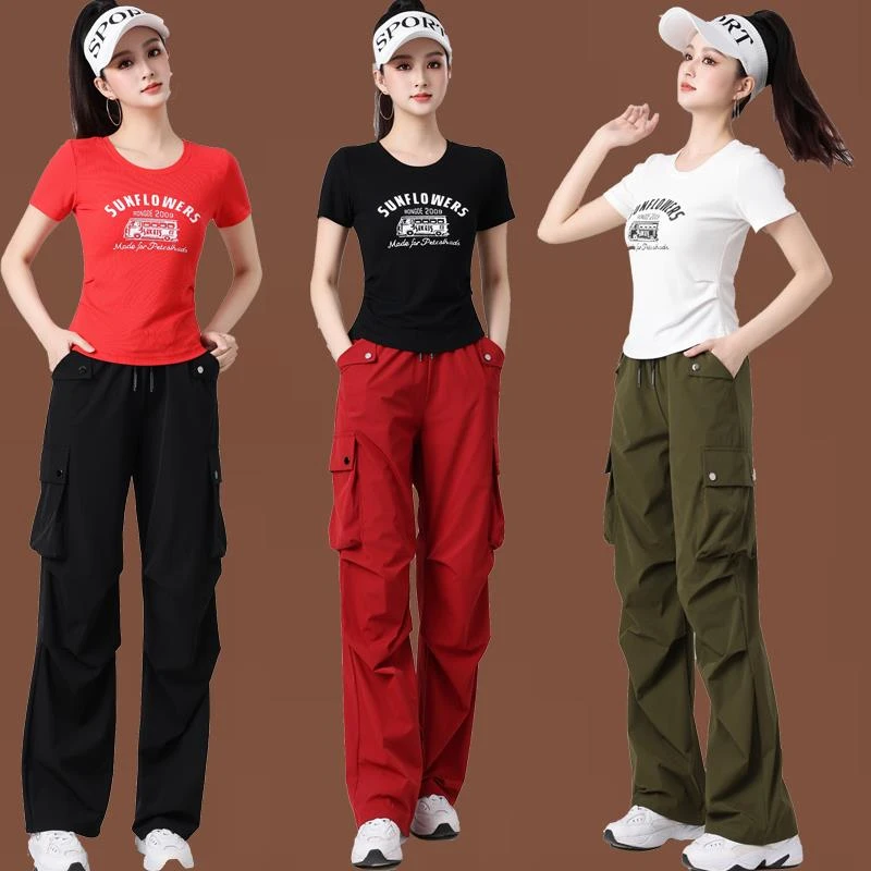 2025春夏季广场舞服运动时尚休闲健身跳操跑步服显瘦长袖工装裤