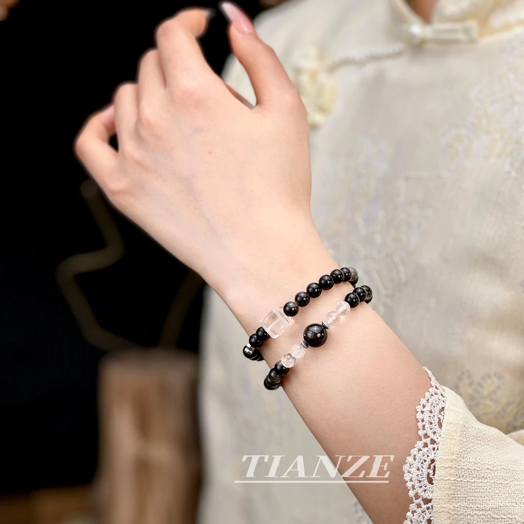 精选银曜石搭配白水晶设计点睛国风招财转运轻文玩双圈手串6mm