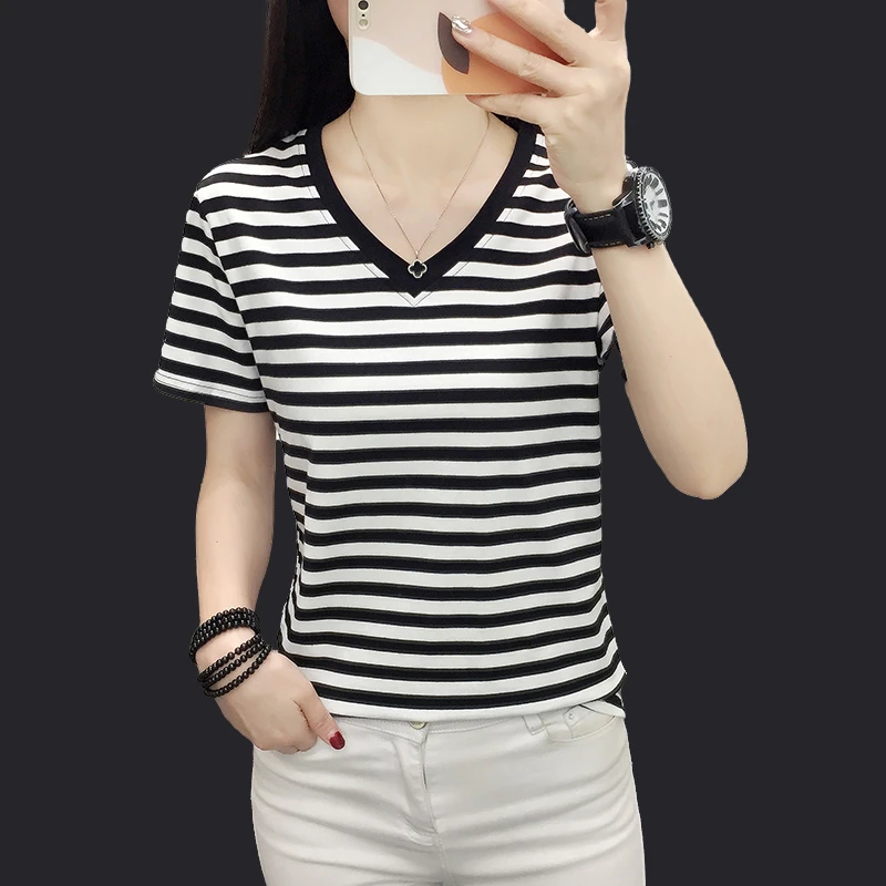 短袖t恤女士夏装微胖mm韩版正肩宽松大码体恤条纹v领显瘦遮肉上衣