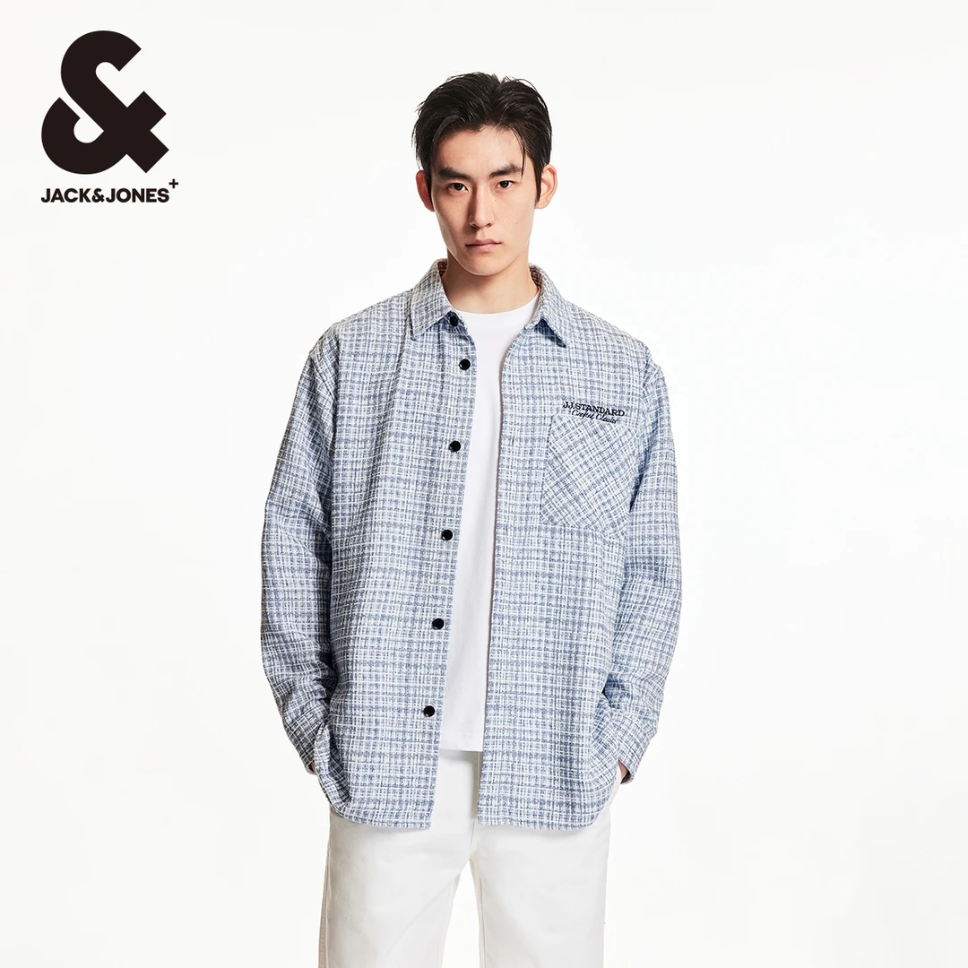 杰克琼斯春季百搭简约字母刺绣时尚通勤潮流翻领衬衫上衣外套男装