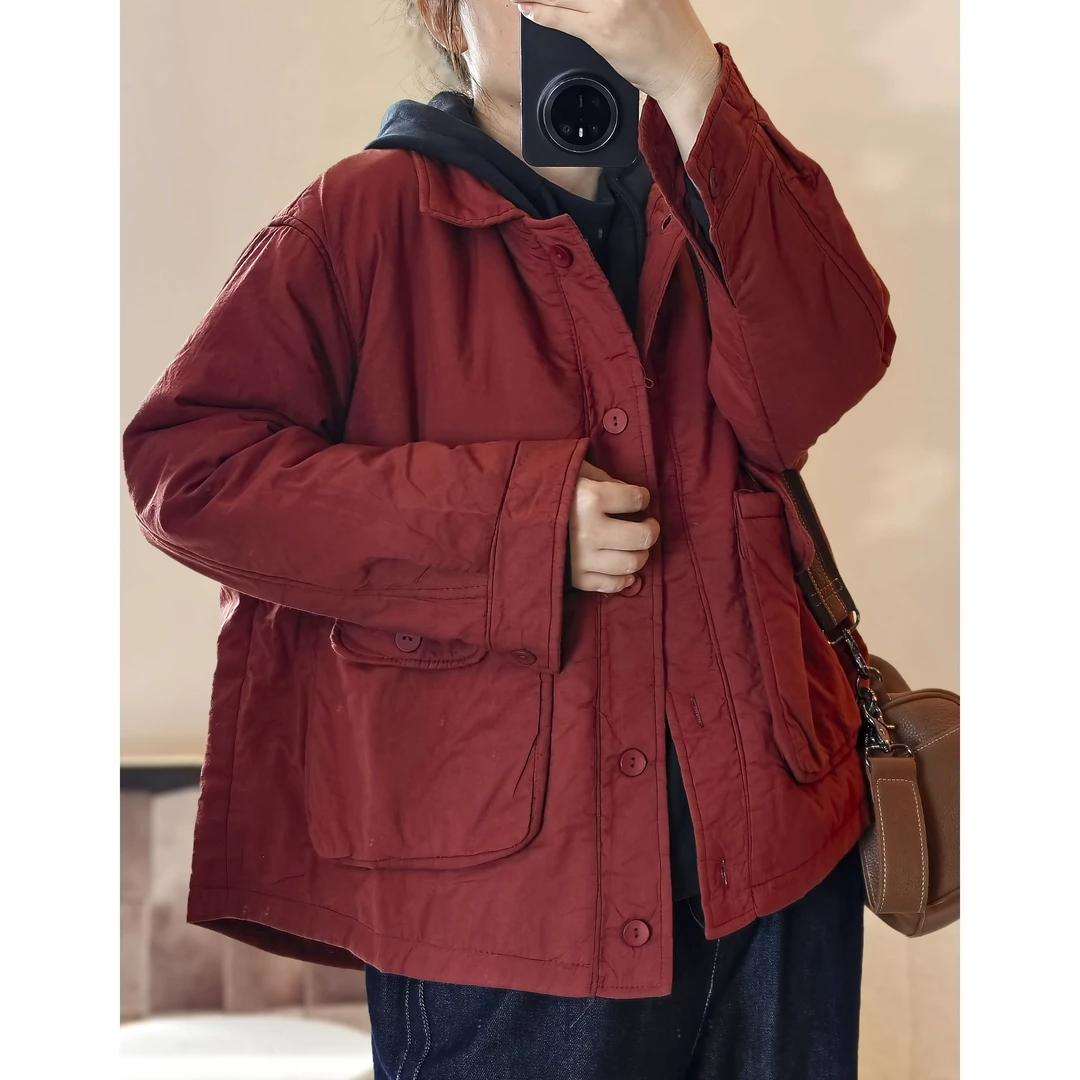 （浅笑）23159时尚纯色双口袋翻领保暖棉衣女夹棉薄棉服宽松外套潮