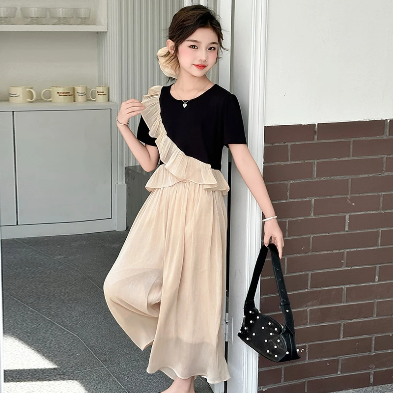 女童2025夏季套装撞色拼接荷叶边韩系花边短袖T恤阔腿裤两件套