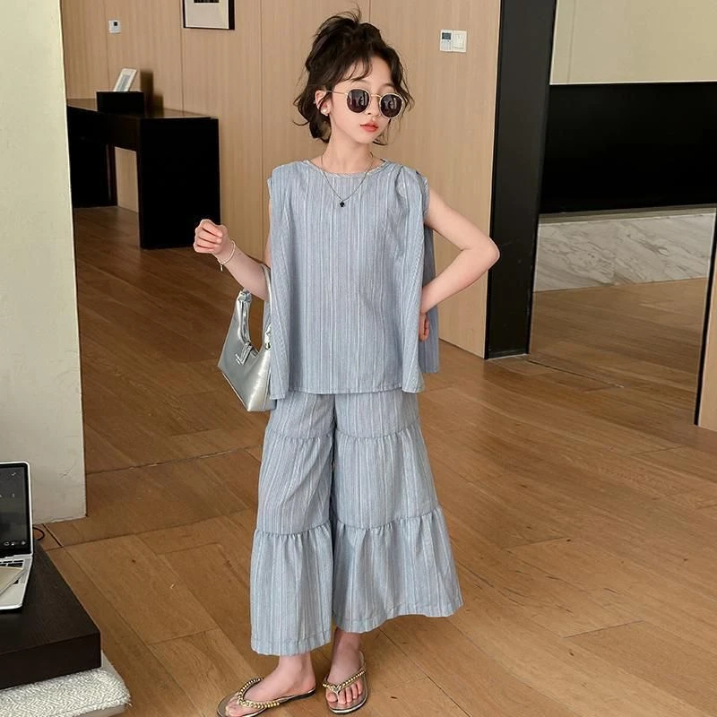 女童时尚无袖宽松裤夏装中大童韩版洋气夏季新款薄款休闲短袖套装