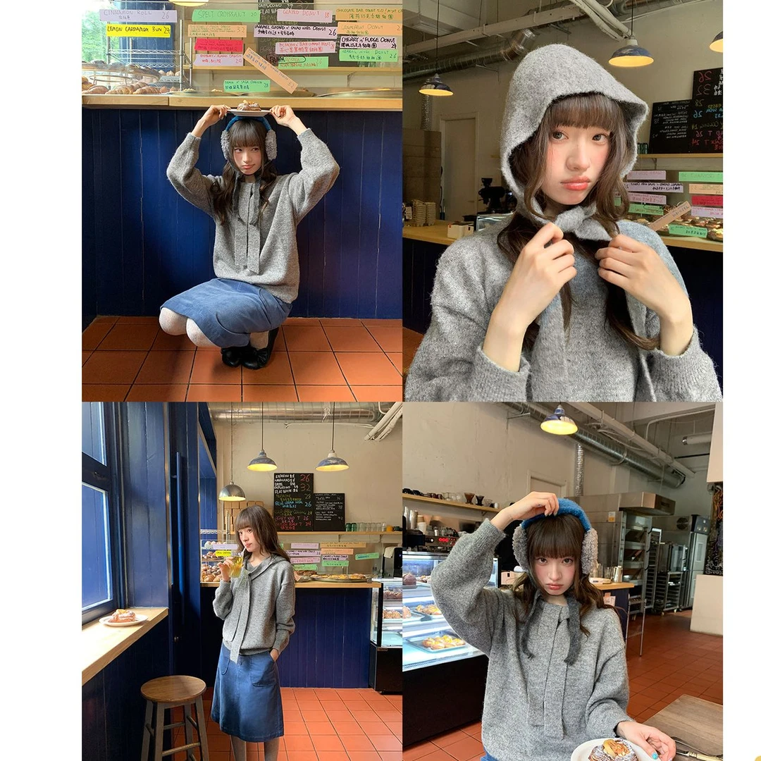 你好卡农 灰色V领毛衣女可拆卸装饰帽套头上衣两件套KZ25Z7775D