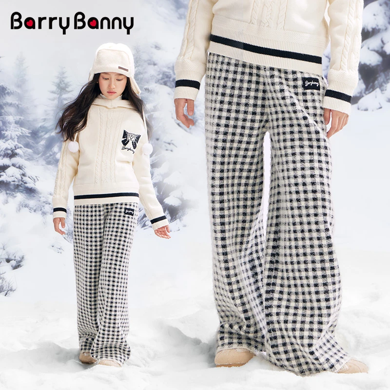 BarryBanny女童仿貂绒毛裤子2025新款冬中大儿童女孩格纹阔腿长裤
