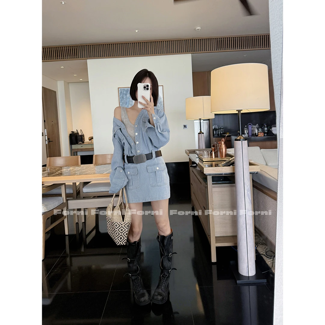 FORNI 伯利兹周刊 高密新疆棉MIU式腰带条纹衬衫裙