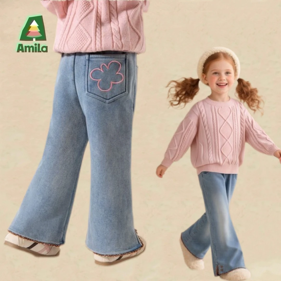 Amila秋季刺绣小花微喇牛仔裤2025新款女童牛仔裤XD5NZ635