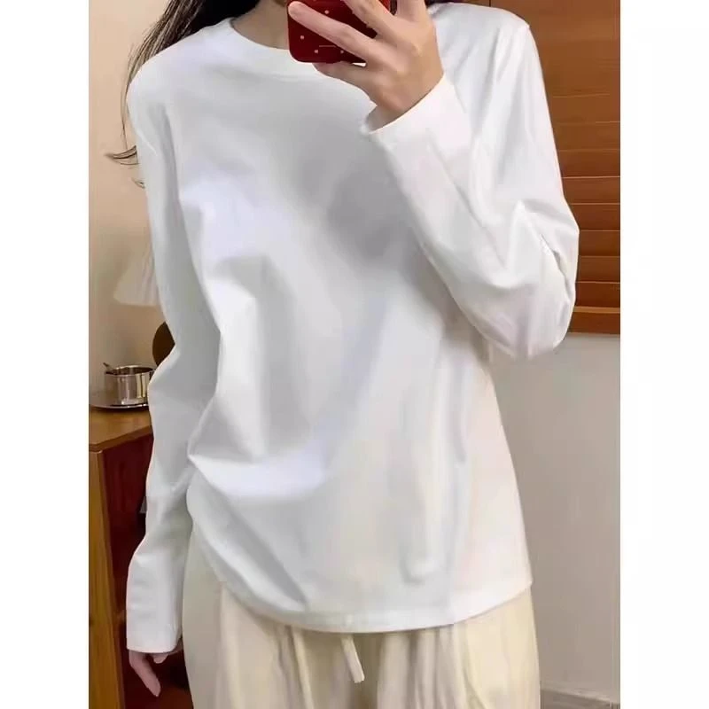 净版白色棉质长袖T恤女春秋季基础款宽松内搭打底衫正肩百搭上衣