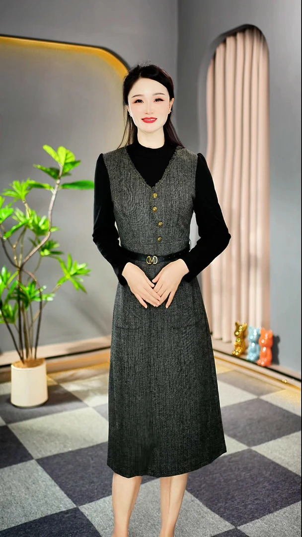 气质长袖假两件连衣裙女2025秋季新款时尚修身显瘦中长裙子