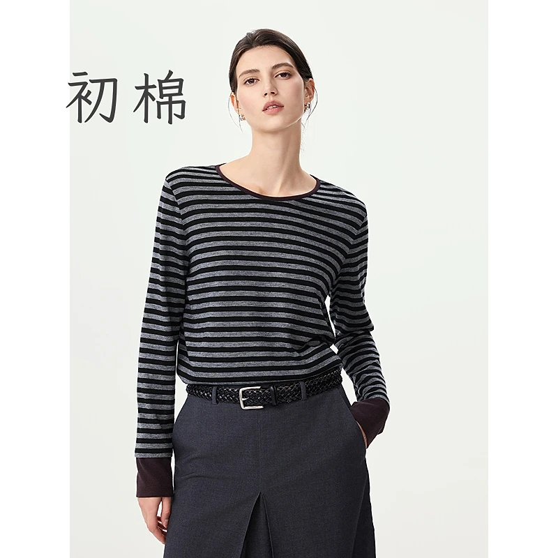 初棉9.19上新 条纹撞色拼接长袖T 366601014