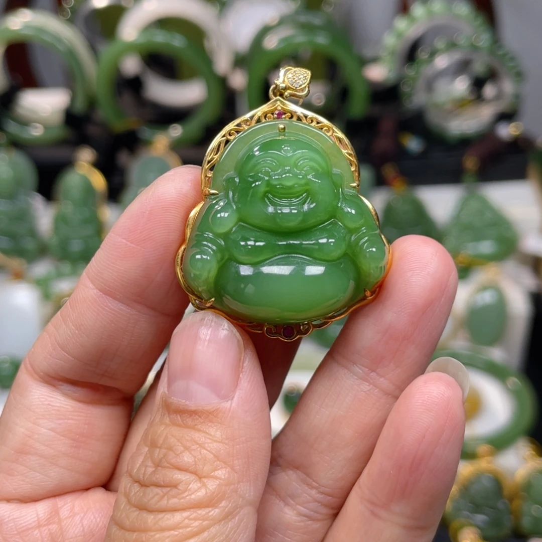 和田玉（碧玉）18K金镶嵌吊坠(不含链)