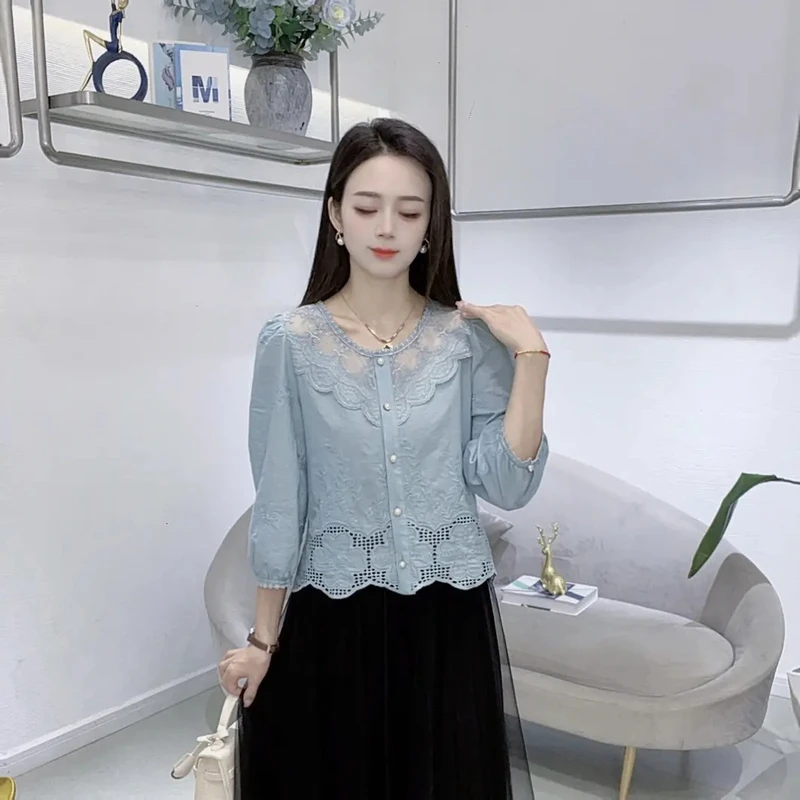 A8733早秋七分袖衬衫女新款淑女小衫宽松甜美百搭上衣