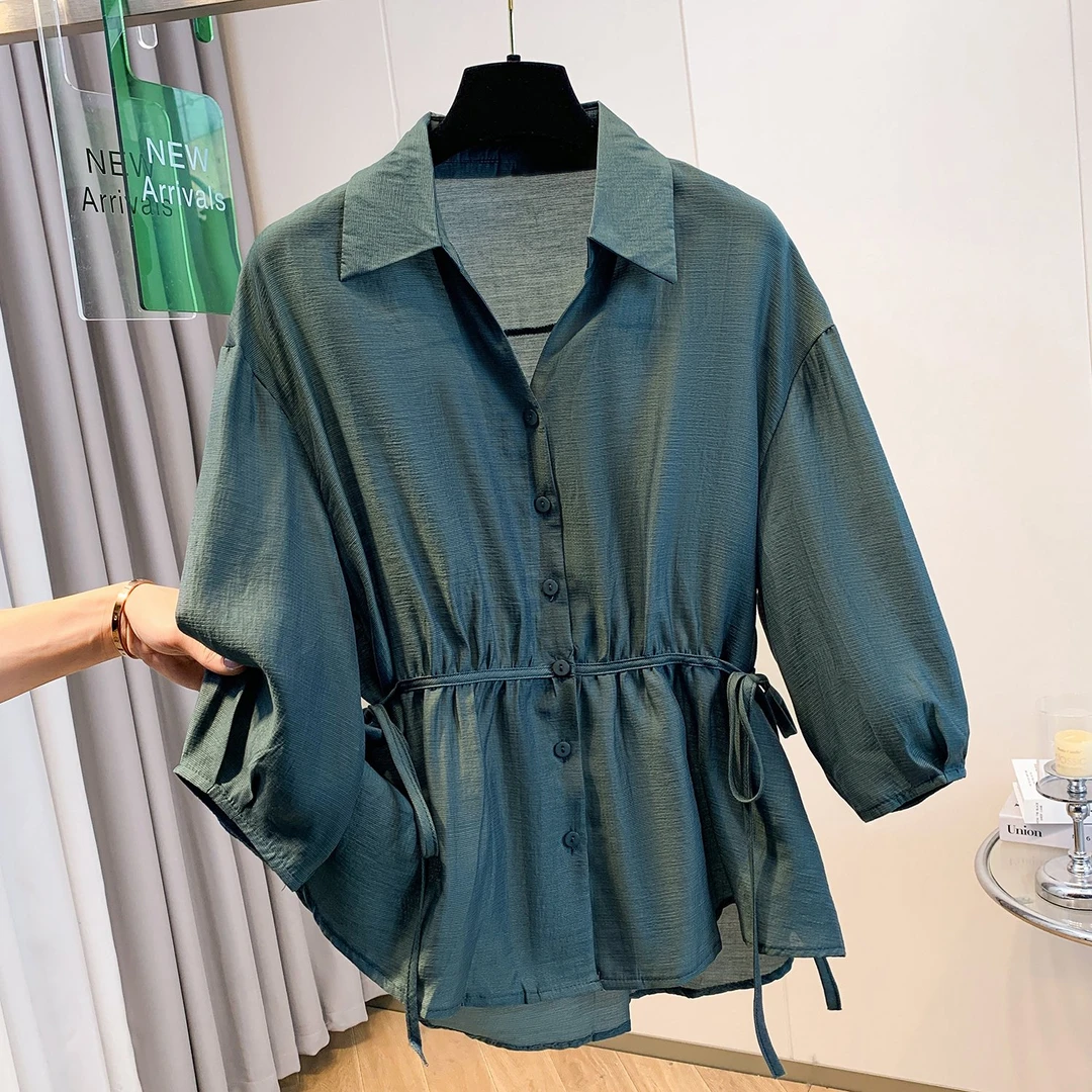 大码收腰显瘦衬衫女夏季新款文艺气质衬衣减龄七分袖