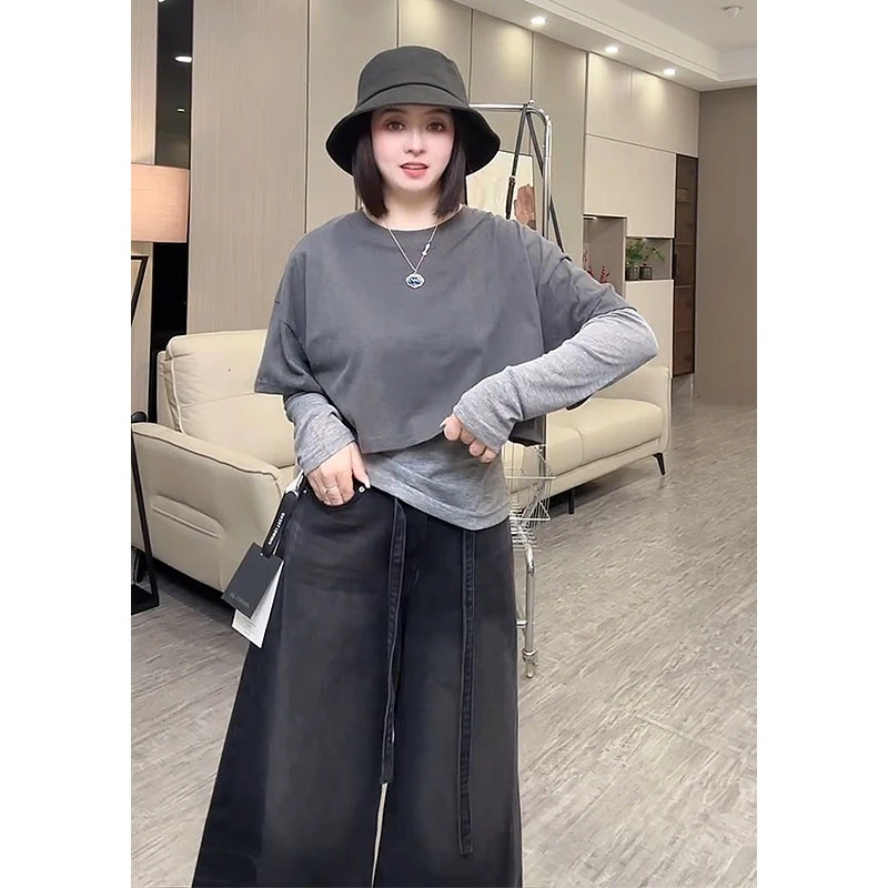 韩版设计感拼色轻熟风圆领长袖假两件T恤秋季新款显瘦百搭上衣ins