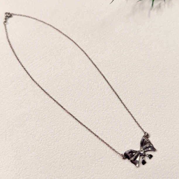 坠链均925银 【六六中古】孤品复古银饰蝴蝶结项链ty2090链长37