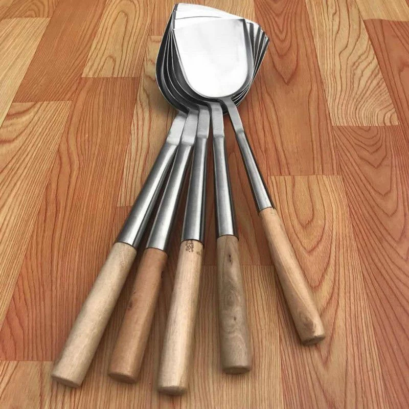 手工锻打不锈钢铲子方柄木柄加厚商用炒菜铲家用炒菜勺长柄铲勺