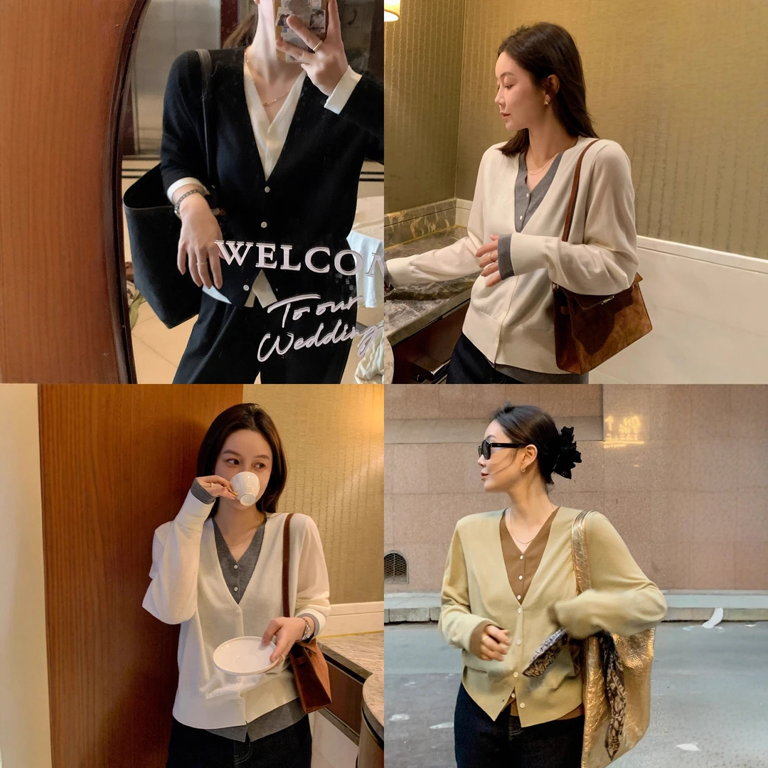 莉贝琳sisy半熟假两件针织开衫高智风显瘦叠穿通勤秋季新款上衣女