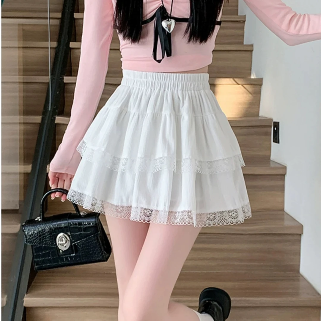甜美蕾丝拼接蓬蓬裙半身裙女春夏蛋糕a字显瘦防走光芭蕾风短裙子