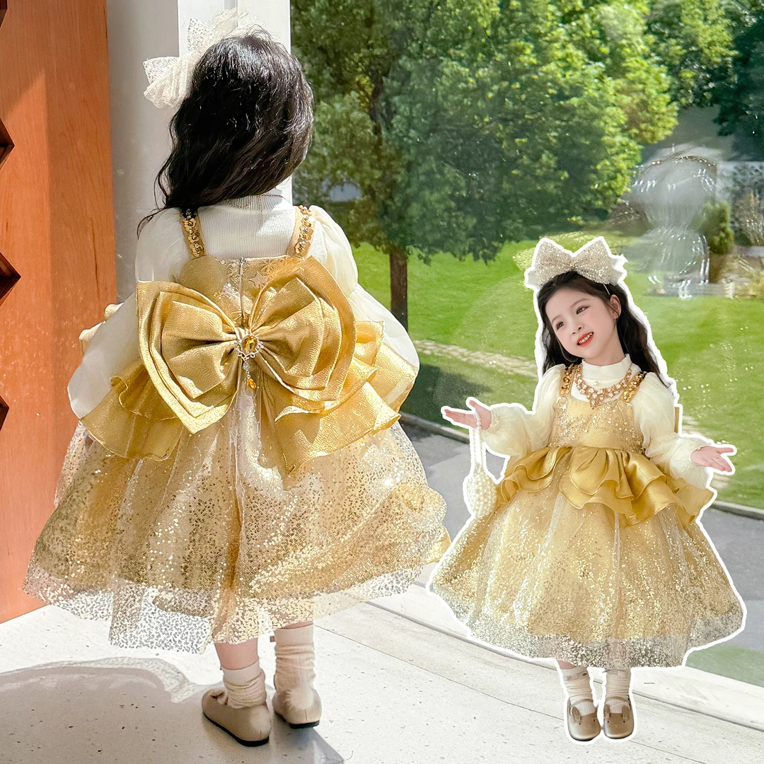 儿童花童婚纱晚礼服秋装女童公主裙蓬蓬生日钢琴走秀主持表演出服