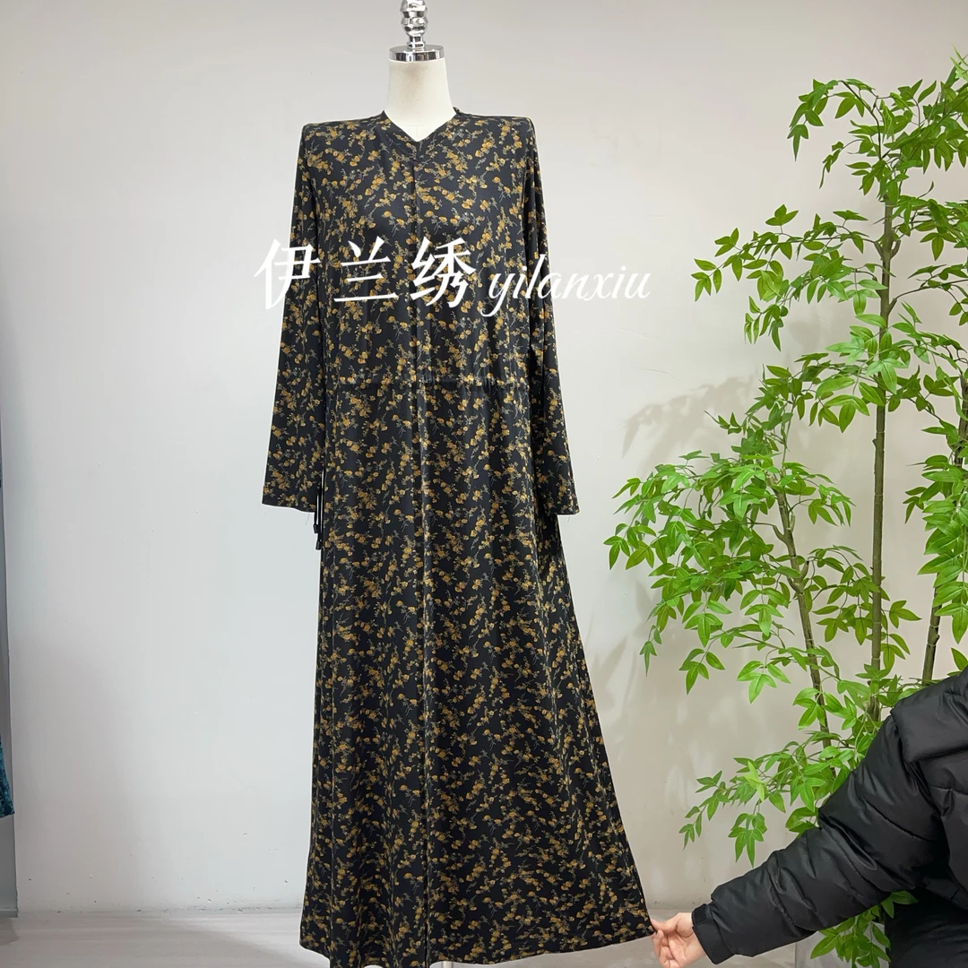 薄款洋气碎花妈妈连衣裙长袖长裙气质