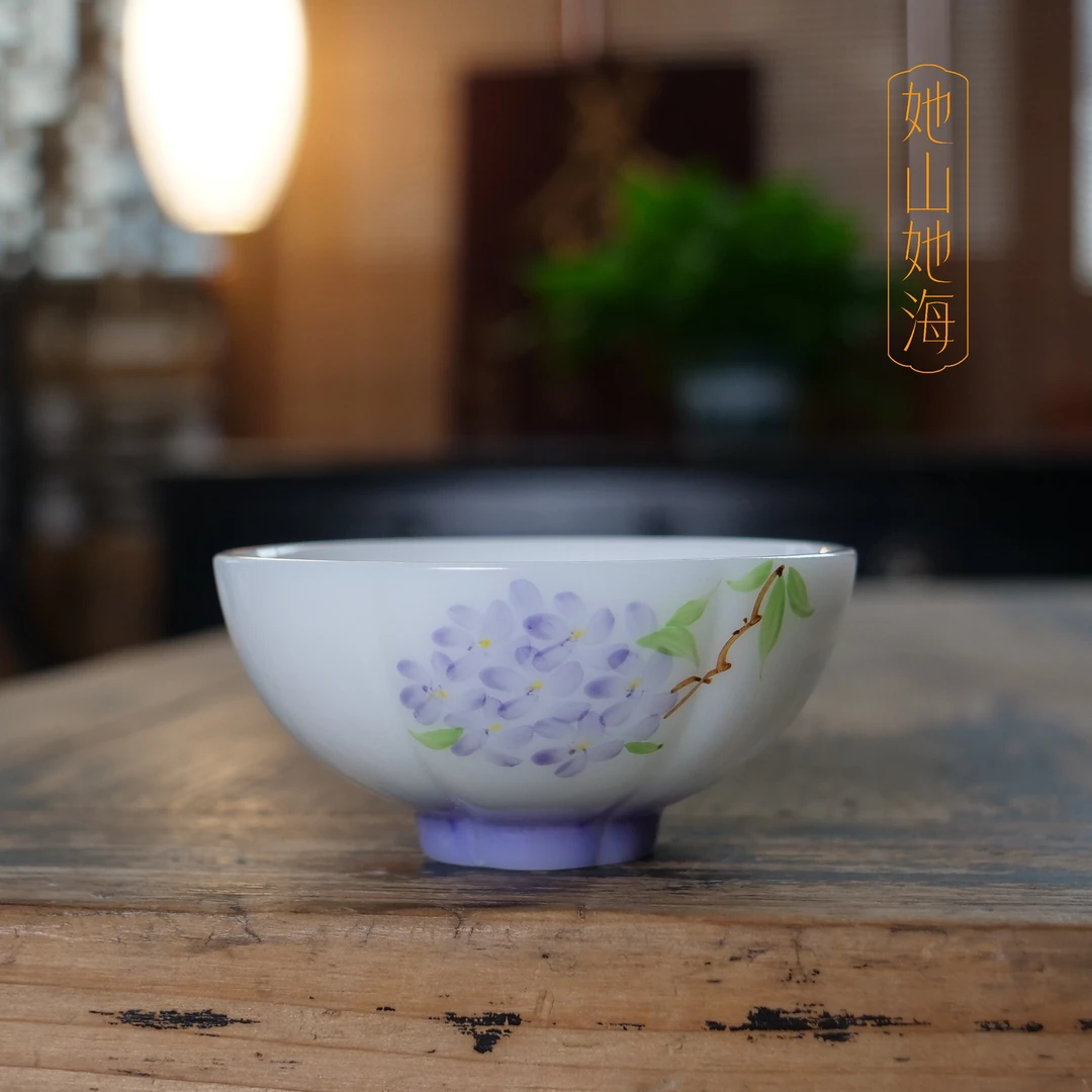 她山她海【璞玉手绘绣球花普洱杯】中式精美茶道器具普洱杯