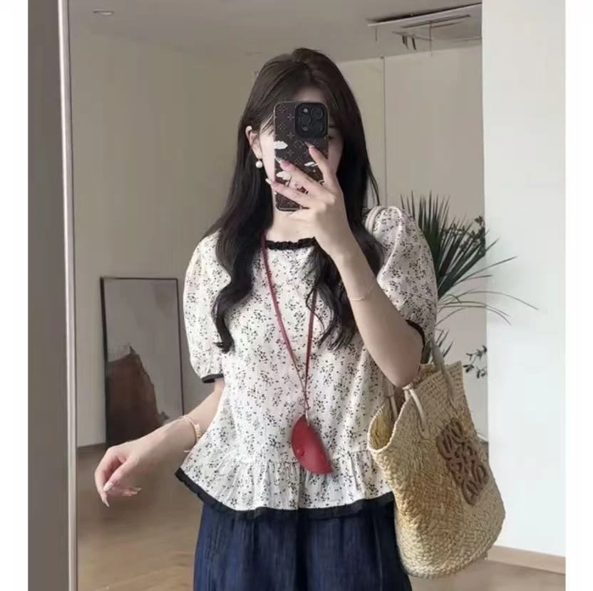 【全额运费补贴】小资小上衣巨好看的宽松小衫气质碎花短袖衬衫7712