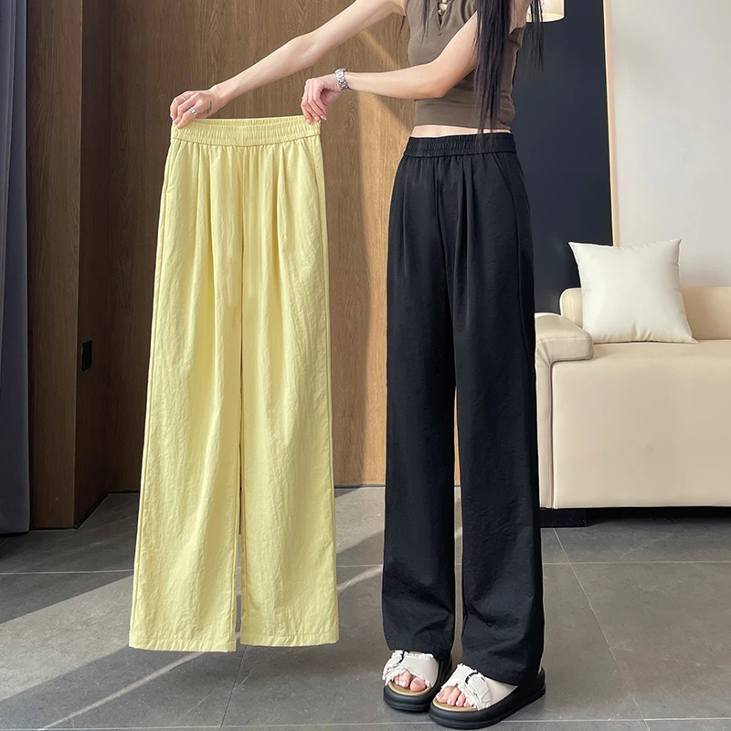 夏季冰丝薄款八分窄版阔腿裤女初中高中学生休闲宽松九分直筒裤子