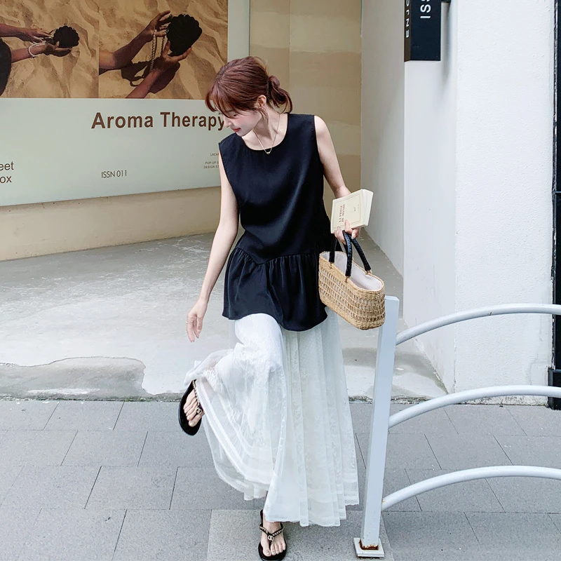 气质法式氛围感套装裙女2025夏季新款显瘦无袖背心蕾丝绣花半身裙