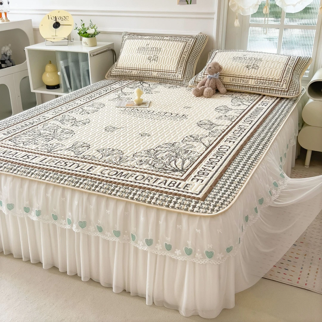 床裙款乳胶凉席夏被四件套公主风冰丝床罩席梦思床垫保护罩三件套