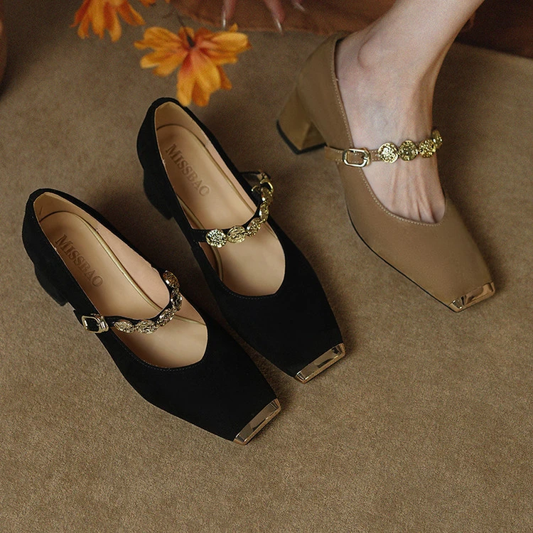 轻奢鞋子百搭小众方头粗跟高跟鞋真皮玛丽珍鞋女款爆款2025新款