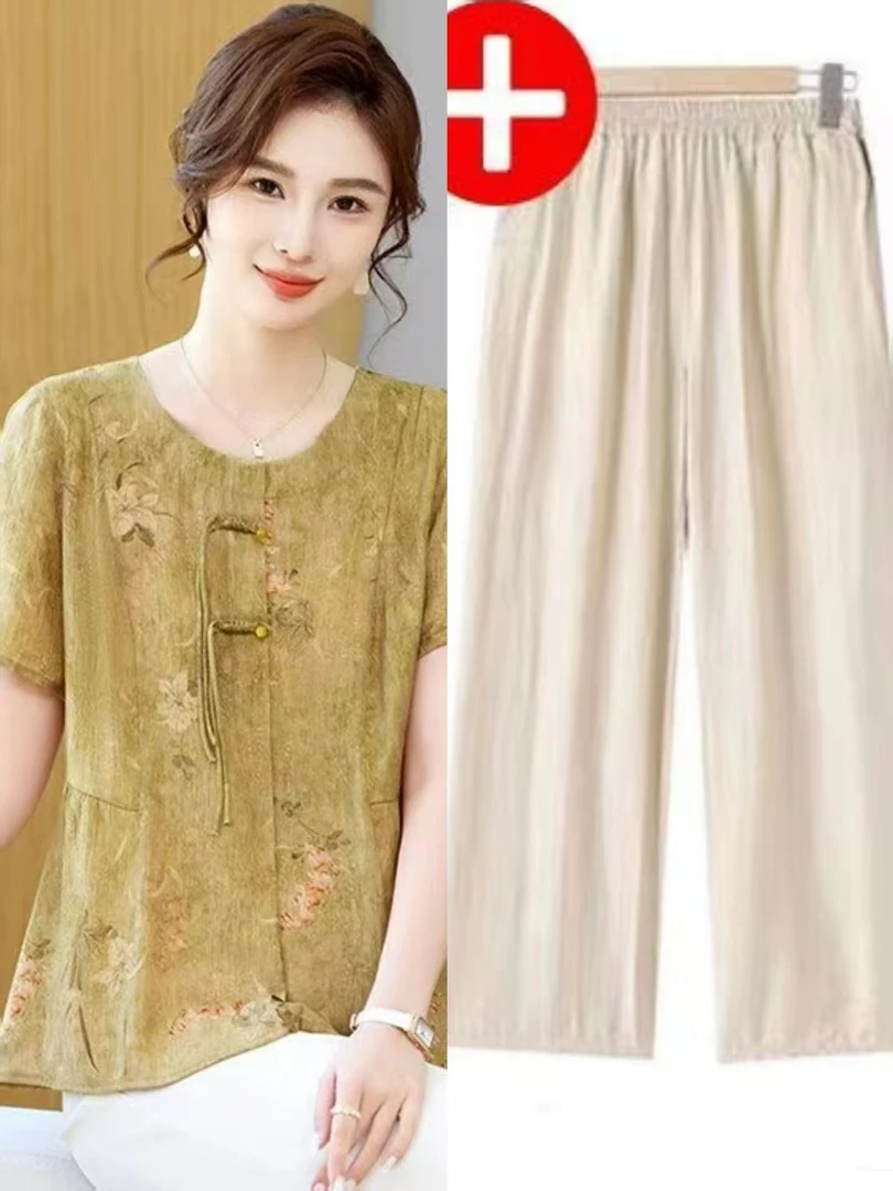 9281-夏季新款新中式流苏气质减龄短袖上衣妈妈装套装（艾维美）