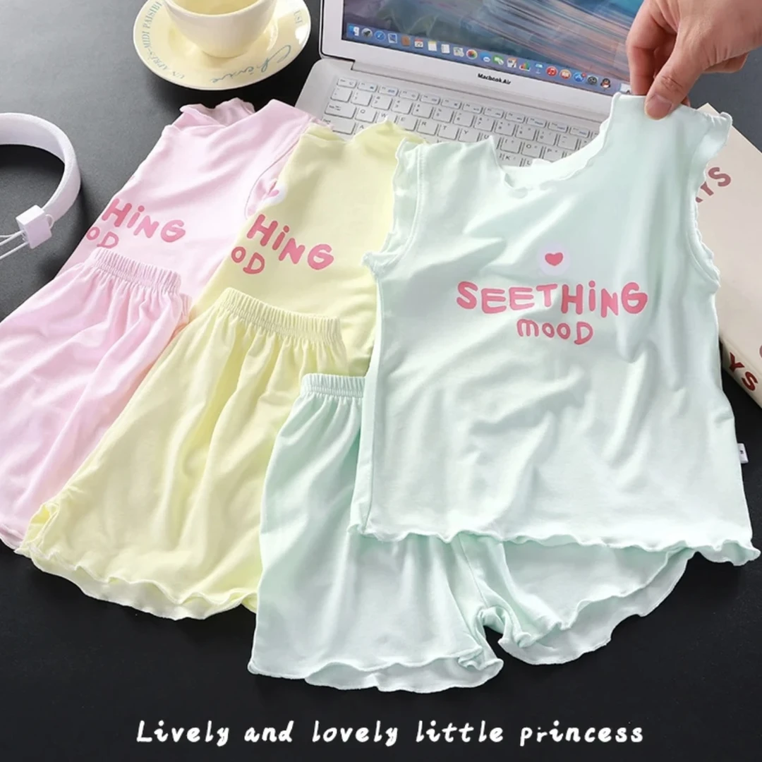 女童背心短裤冰丝两件套荷叶边飞袖睡衣家居服套装宝宝夏装空调服